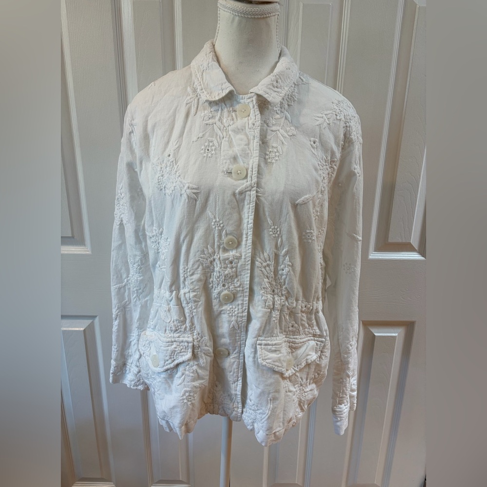 J. Jill White Eyelet Embroidered Chinch Waist Utility Jacket Size MP